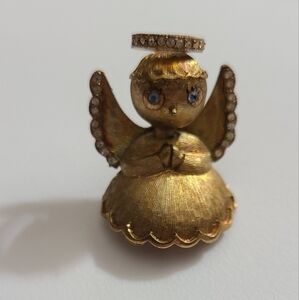 Vintage ultracraft gold 3D angel brooch rhinestones halo vtg estate Christmas